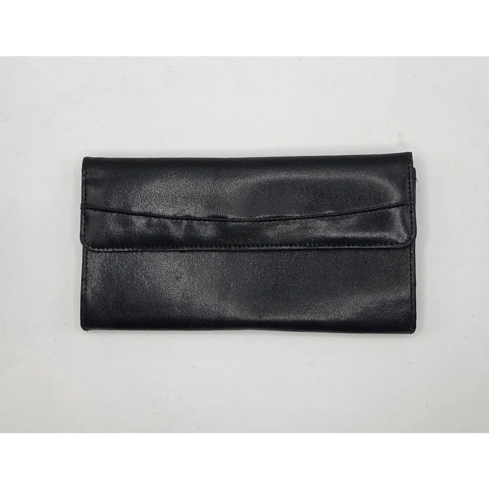VTG 80s/90s Black Leather Trifold Continental Wallet Clutch Hashi Hato Snaps